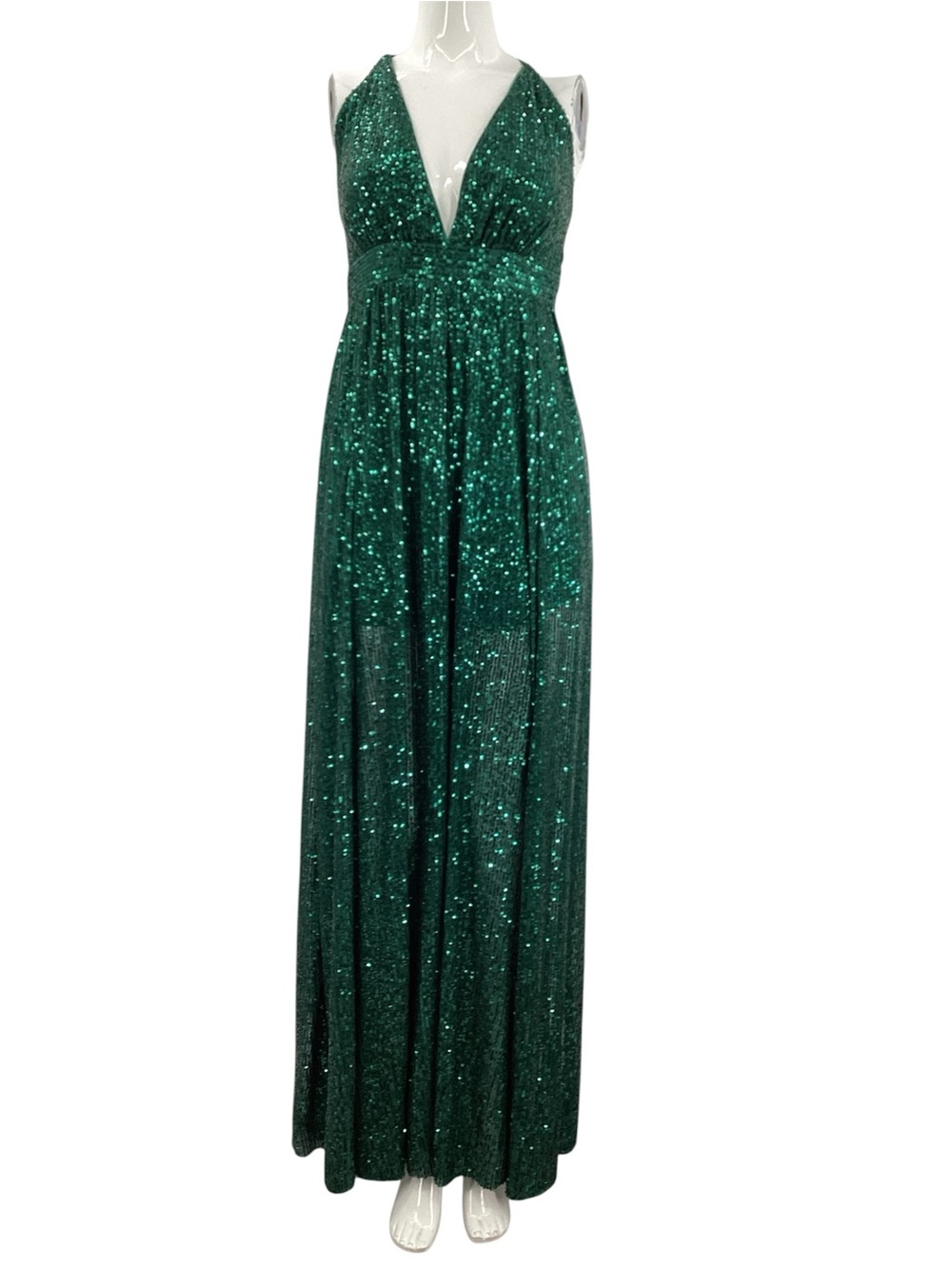 Luxxel Emerald Green Sequin Plunge Maxi Gown